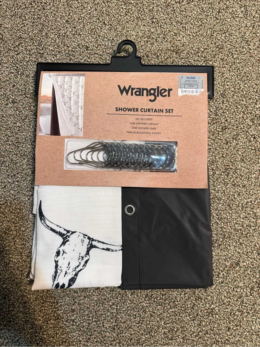 Wrangler Black and White Bull Skull Shower Curtain Set